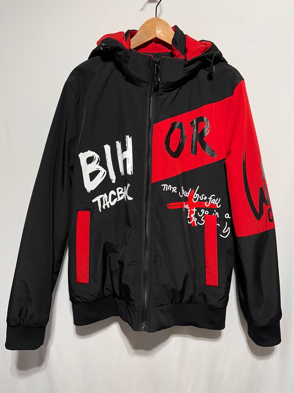 BIHOR Black Red Graphic Hooded Bomber Jacket Streetwear XL